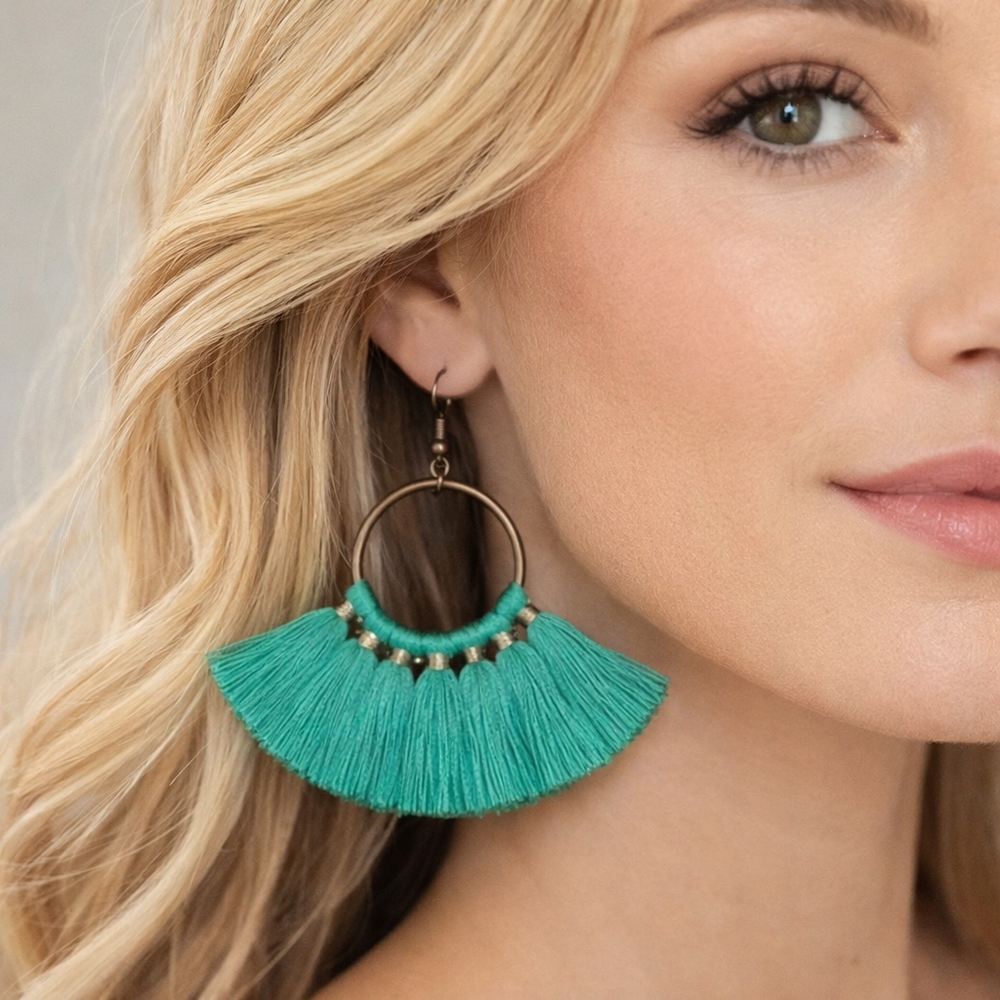 Teal Green Fan tassel earrings